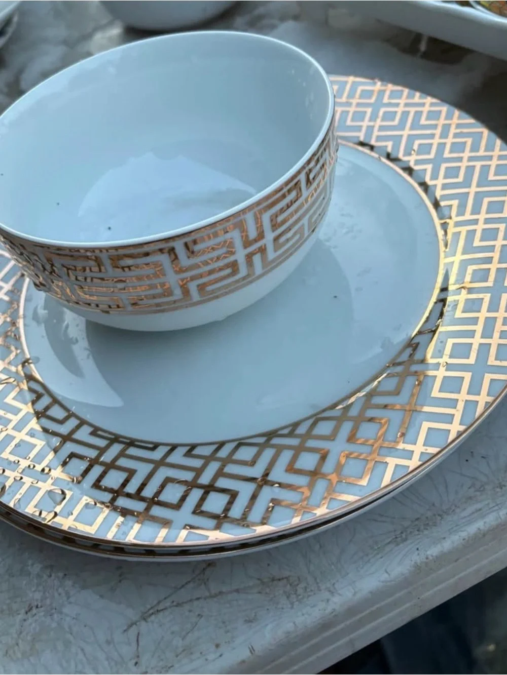 Z Gallerie White Dinner Plate and Bowl Set with Gold Geometric Accent